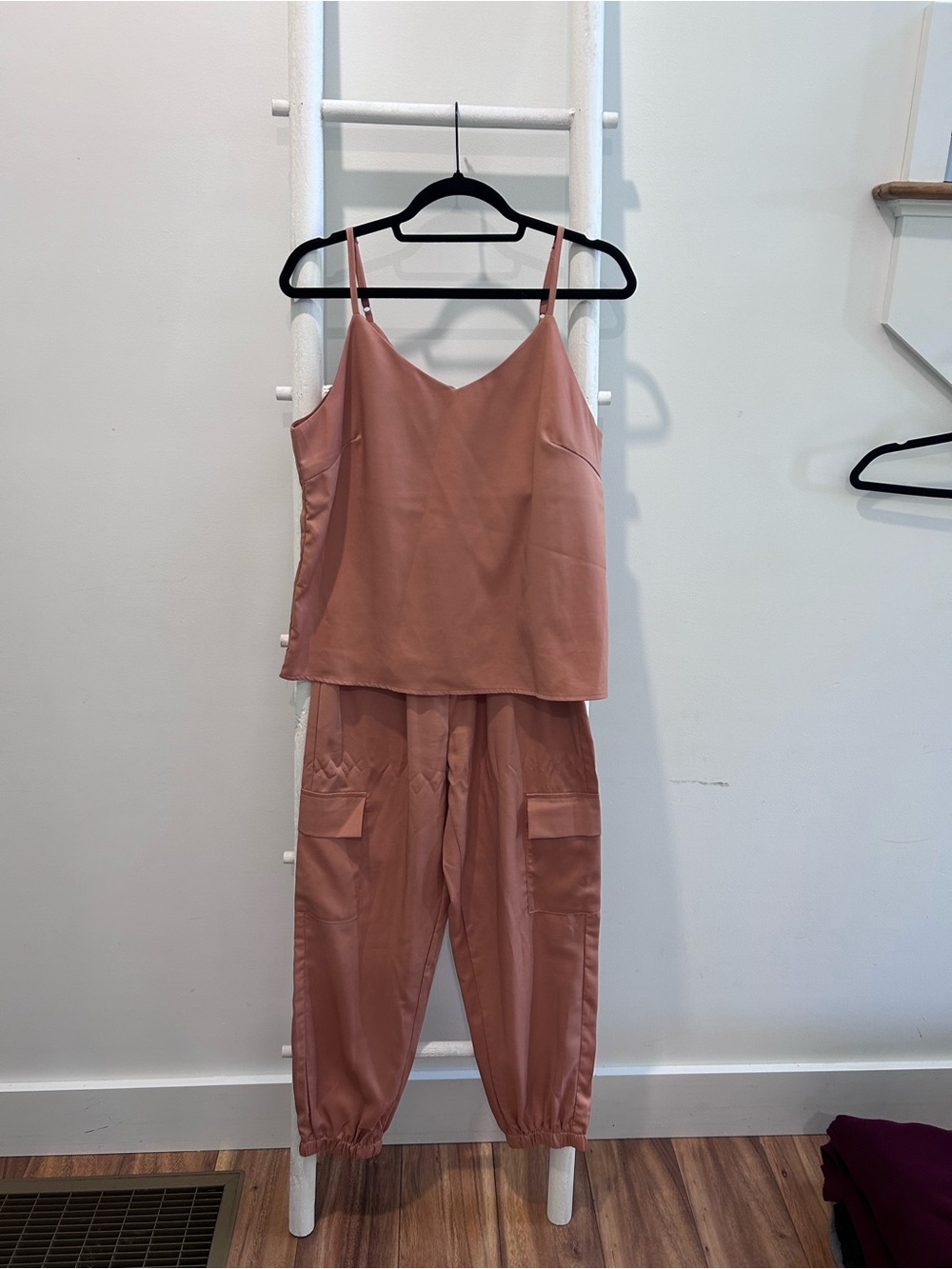Women's Peach Two-Piece Satin-like Jumpsuit Set